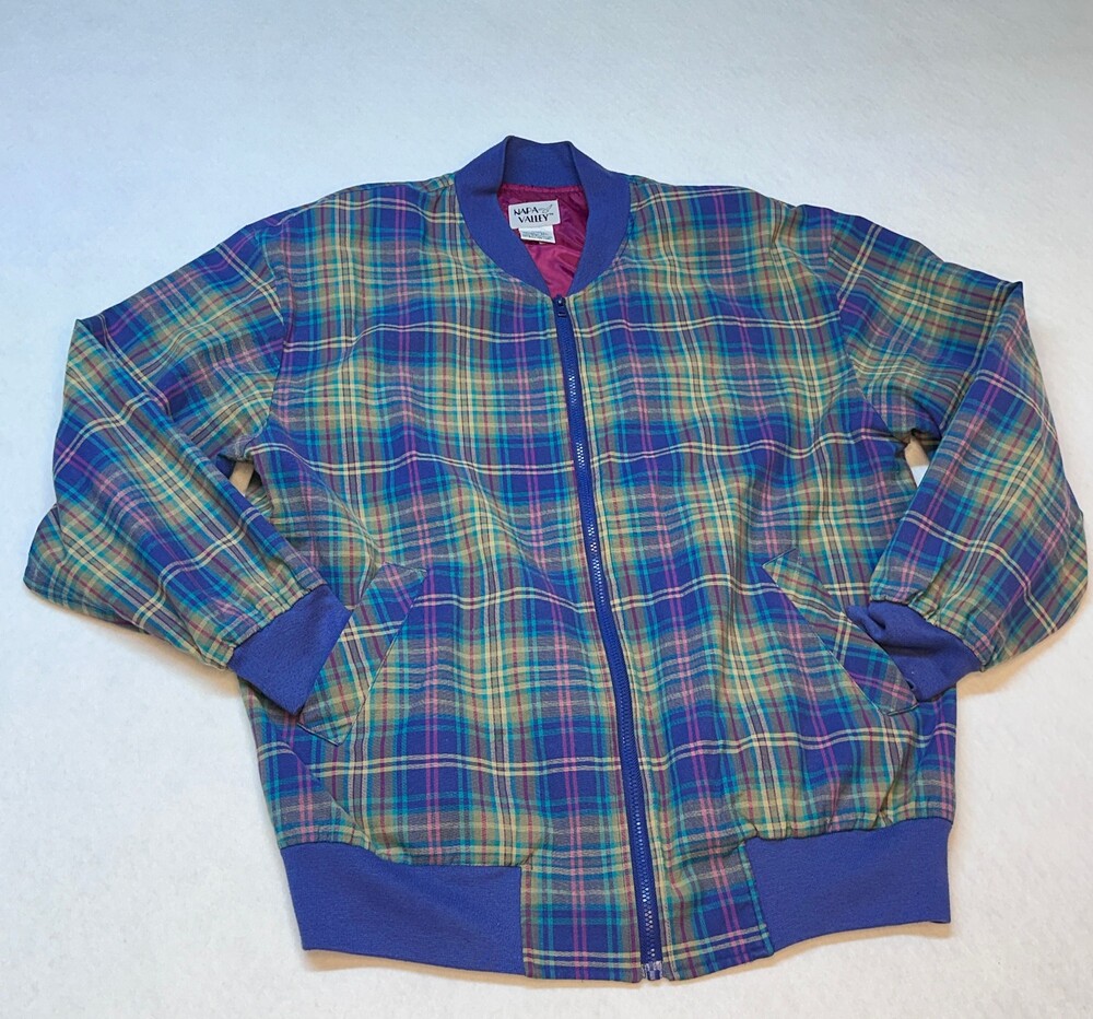 VTG Napa Valley Plaid Bomber Jacket Large Teal Purple Jewel Tone Zip 90s